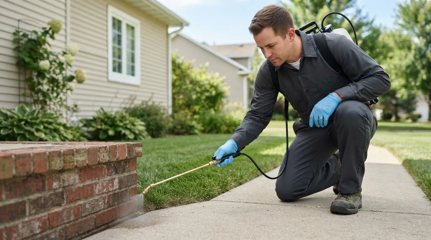 Pest control technician treating a home near Ithaca, MI