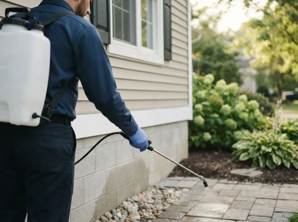 Pest control technician inspecting a home in Ithaca, MI